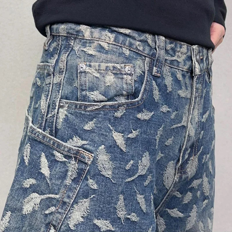 men jacquard loose casual hip hop vibe splice pocket denim baggy jeans pants man streetwear ripped jeans trousers boyfriend vintage washed jeans
