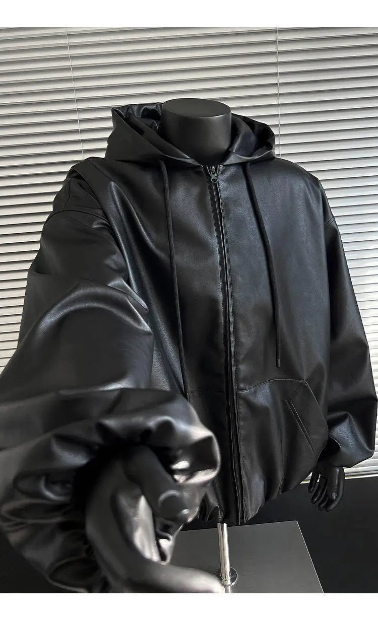 pu leather bomber jacket men streetwear fashion loose casual vintage leather hooded short motorcycle jacket hoody coat outerwear unique shorts style 572