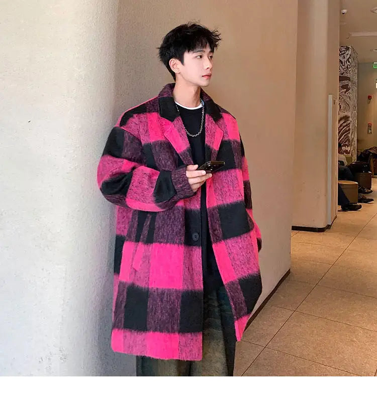 plaid woolen trenchcoat men autumn winter fashion retro streetwear suit collar loose casual trendy trench coat outerwear unique default style 1198