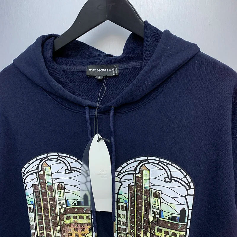 New WHO DECIDES WAR Hoodies Men Woman Deep Blue Oversized Vintage Eagle Printing Trend Hip Hop Hooded Hoodies Street King Limited