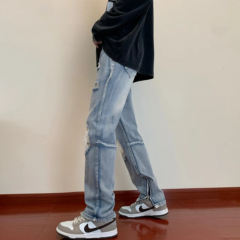 bottom zipper destroyed washed jeans skinny jeans ripped holes trousers men biker jeans fashion streetwear hip hop pants joggers urban active pants