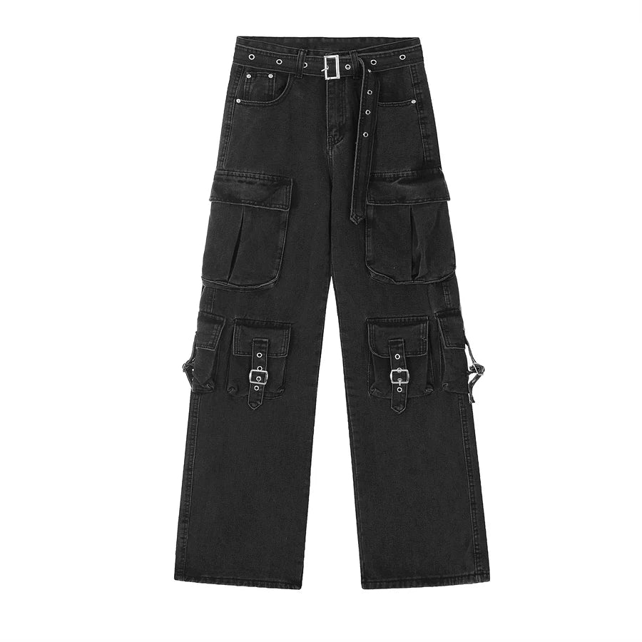 fashion loose streetwear cargo denim jeans unisex casual multi pocket straight jean pants with belt hip hop joggers baggy jeans unique joggers style 2688