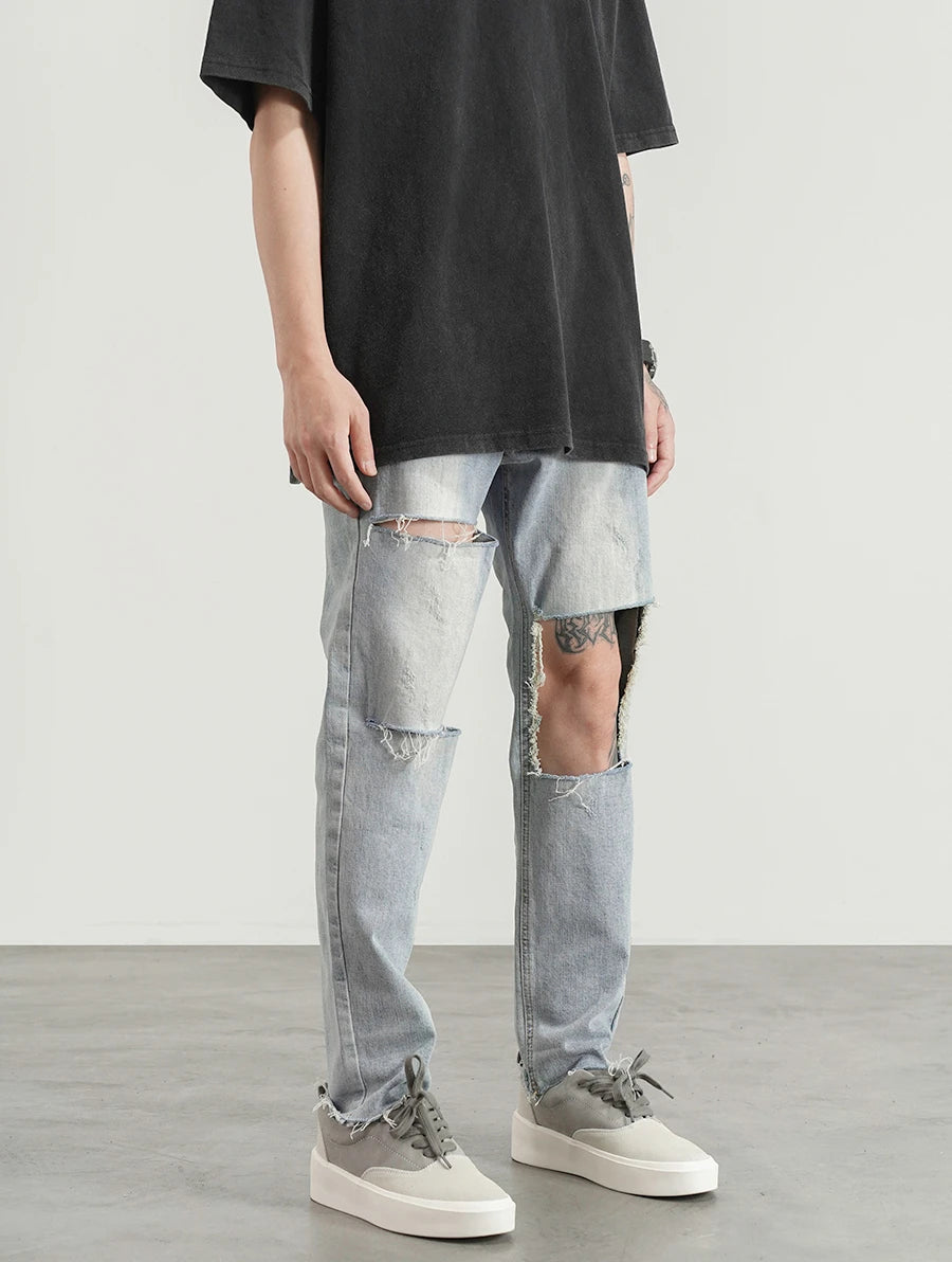 destroied big holes ripped denim jeans mens distressed biker jeans fashion high street slim straight pants streetwear joggers unique joggers style 353