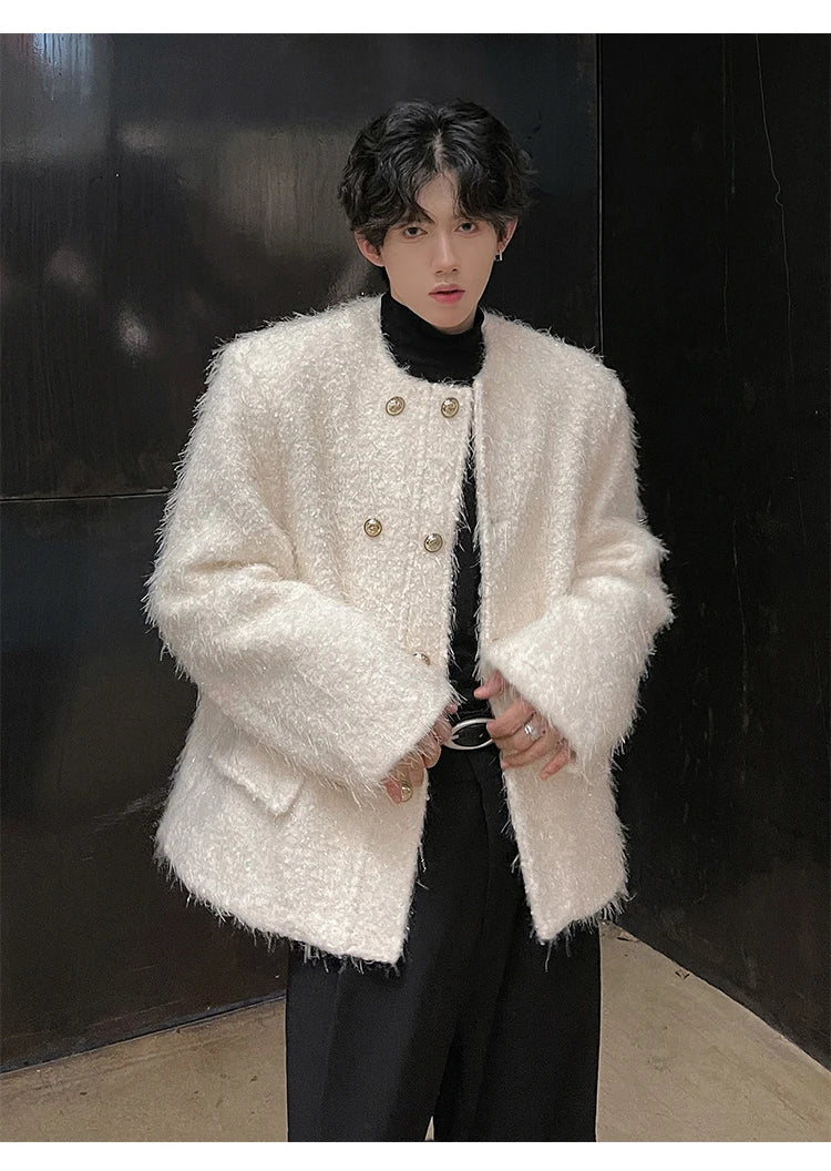 men double breasted french streetwear retro fashion loose casual tassels woolen short jacket man korean coat outerwear unique shorts style 1272