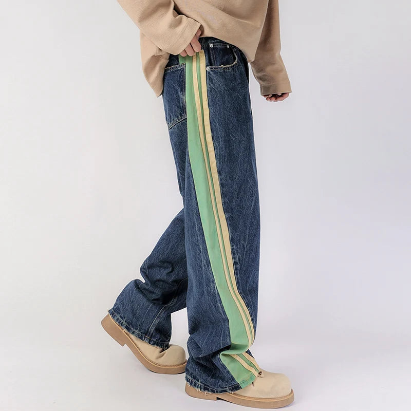 men streetwear fashion side splice hip hop loose casual wide leg straight baggy jeans pant cityboy jeans pants trousers urban skinny jeans