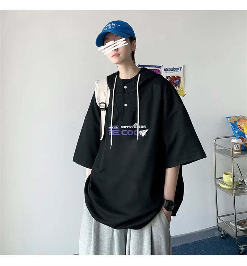 New Men's Casual Hooded Y2K T-Shirt Summer Short Sleeve Letter Printed T Shirts Hombre Oversized Hip Hop Fashion Gym Tee Tops Street King Limited