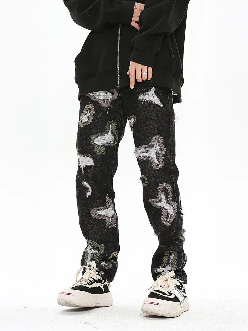 harajuku destroy ripped holes denim jeans mens zipper jeans hip hop fashion streetwear new casual straight joggers jean pants unique joggers style 2588