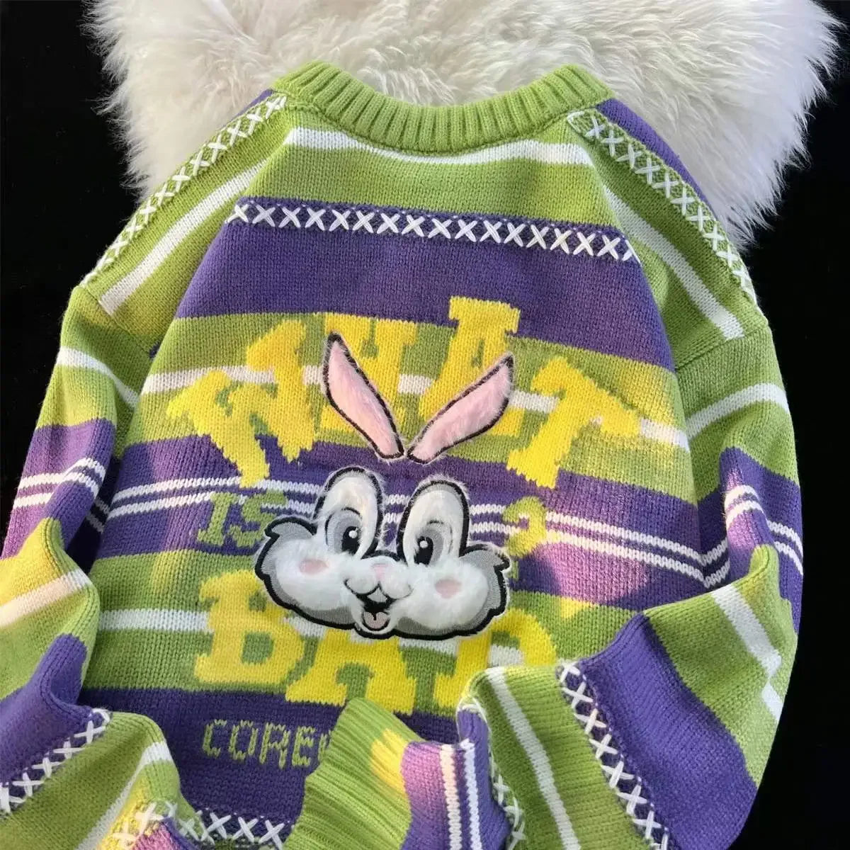 Sweet cool bunny striped knitted sweater for women in autumn and winter loose outer wear lazy style soft and waxy milk kawaii Street King Limited