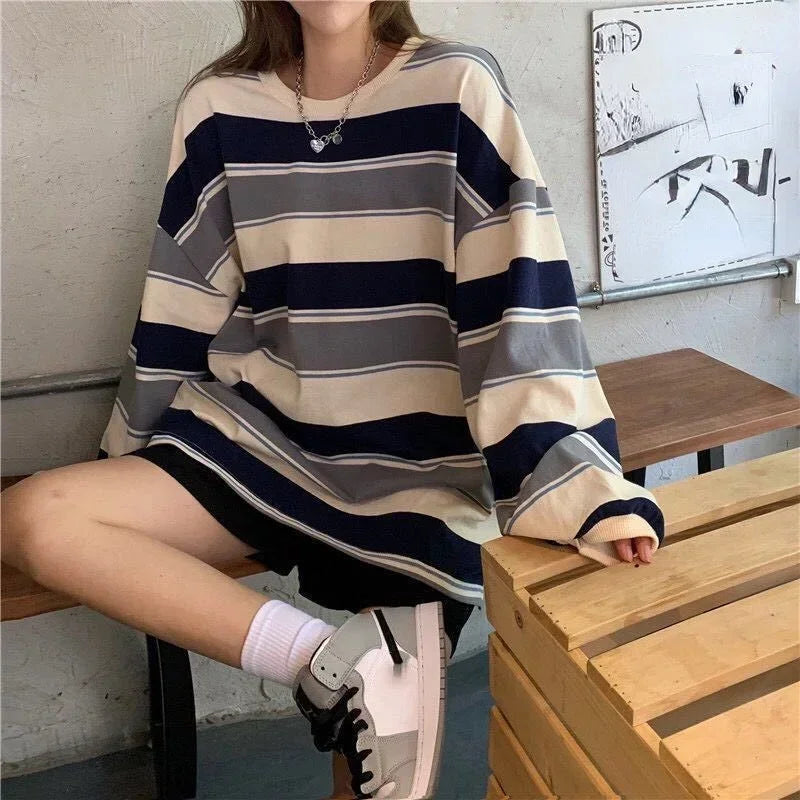 Women T shirts Striped Sweatshirt Thin tops 2024 Spring Women's Clothing Korean Fashion Couples Long Sleeve Teed y2k Pullovers Street King Limited