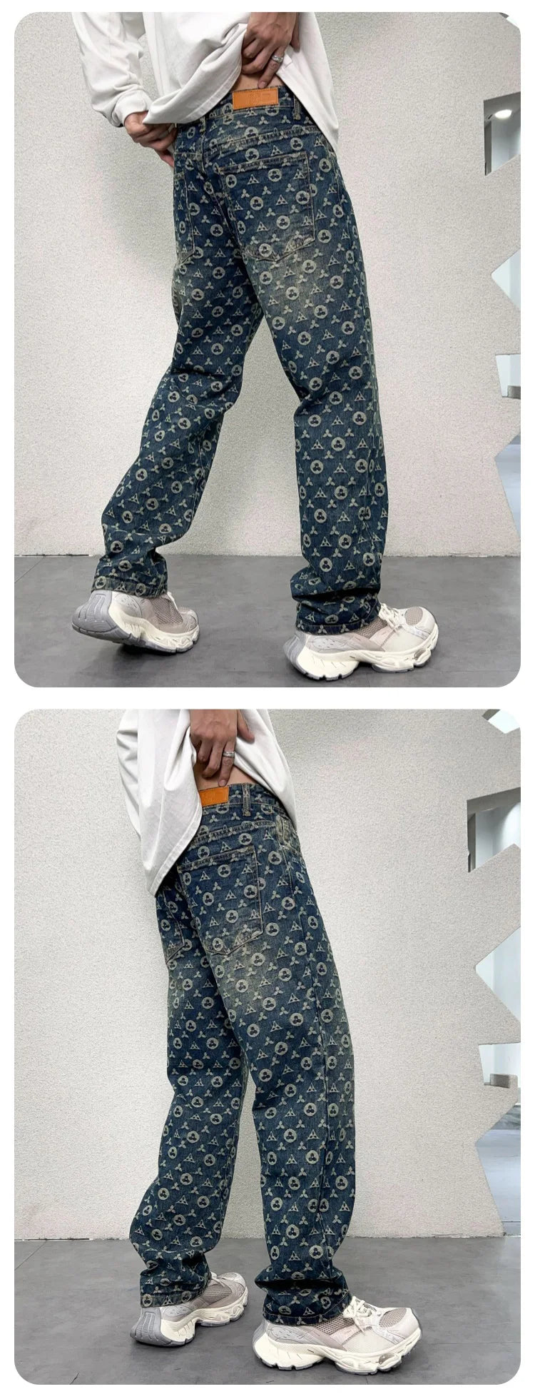 men jacquard streetwear hip hop vibe casual straight denim jeans pants boyfriend high street ripped jeans trousers unique jeans style 3020