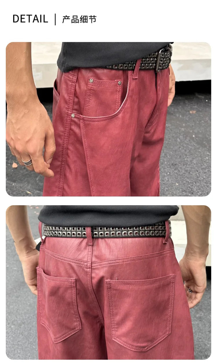 men streetwear fashion hip hop loose casual wide leg leather baggy motorcycle pant cityboy cargo pants trousers unique cargo style 2459