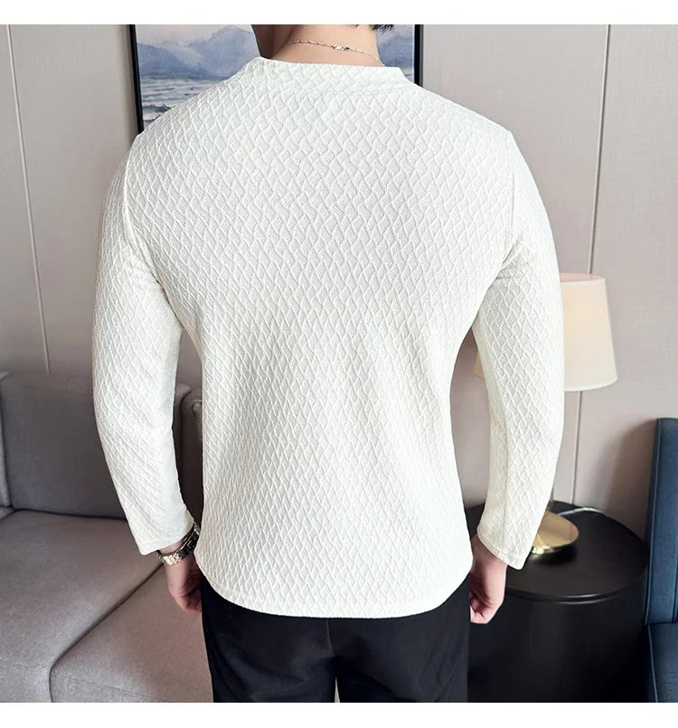 Autumn Winter Semi-turtleneck Stretch Slim Fit Long Sleeve Tshirt Men Thicken Velvet Jacquard Casual T-shirt Bottom T Shirt Street King Limited