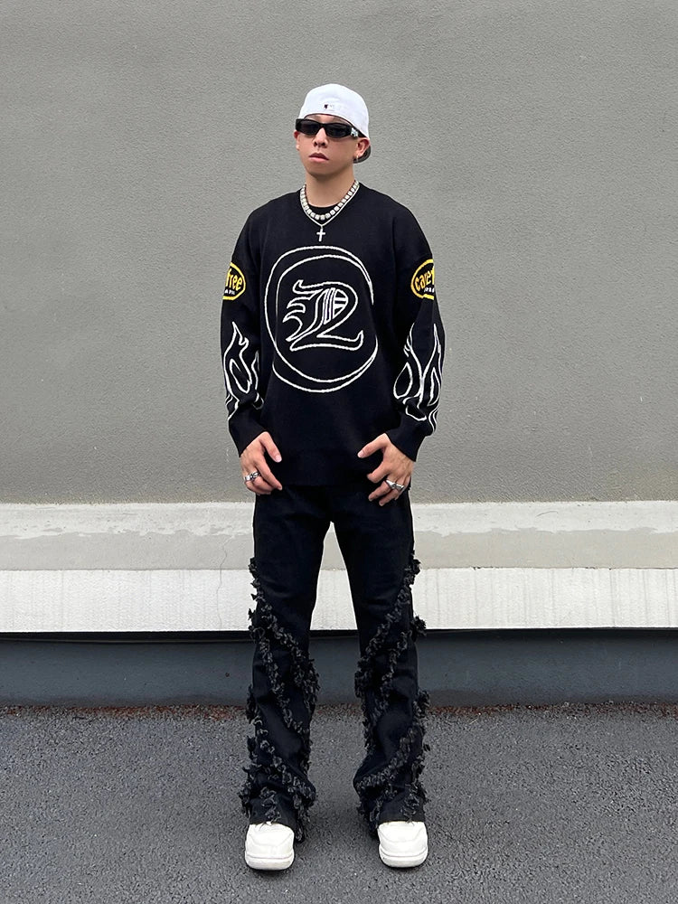 Hip Hop Knitted Sweater Men Letter Fire Pattern O-neck Pullover Streetwear Casual Loose Sweater Unisex Harajuku Jumpers Knitwear Street King Limited