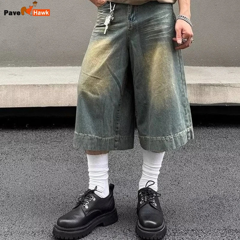Summer Trend Denim Cropped Trousers Mens American Hip Hop Washed Wide Leg Shorts Unisex High Street Straight Cowboy Mid Pants Street King Limited