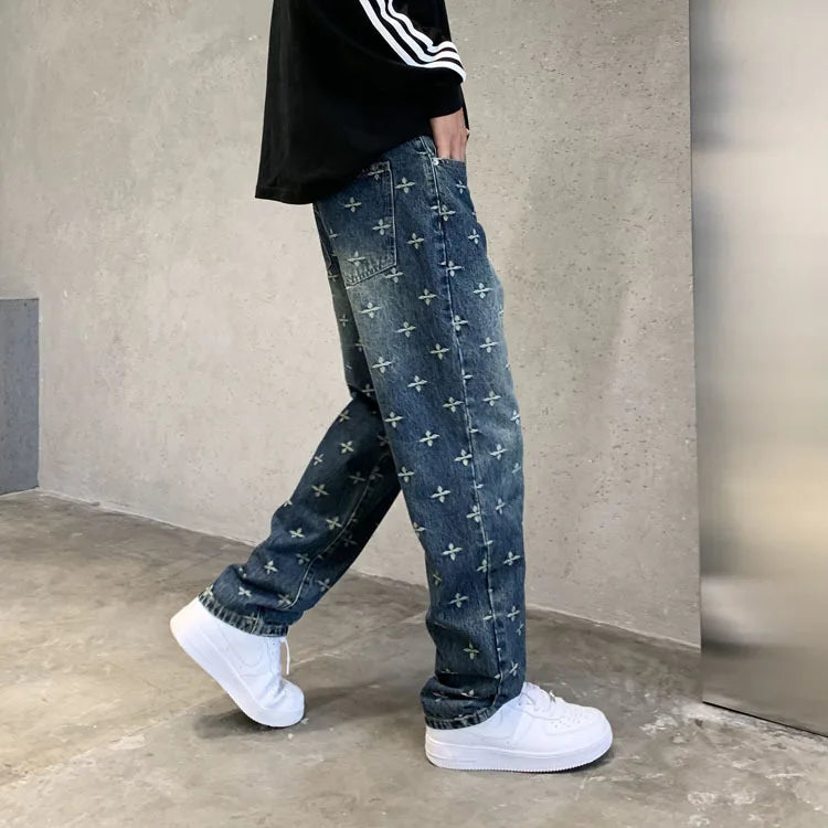 autumn winter new trendy brand jacquard jeans men high street hiphop casual fashion loose denim jeans pants boyfriend trousers unique jeans style 2832