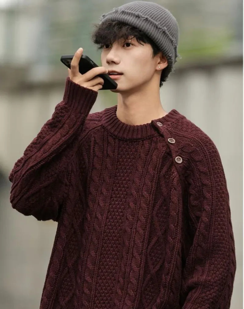 Thicken Japanese Retro Sweater Mens 2024 New College Couples Casual Warm Round Neck Pullover Red Simplicity Knitted Jacket Street King Limited