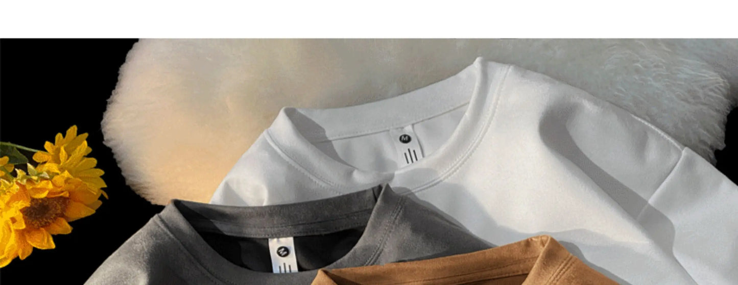 Summer Short Sleeve T-shirt Men Fashion Retro Suede T Shirt Men Streetwear Hip Hop Loose Round Neck Solid Color Tshirt Mens Top Street King Limited