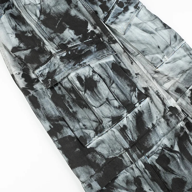 vintage dirty tie dye baggy jeans men multi pocket loose white straight jeans trousers luxury designer oversized denim pant urban skinny jeans
