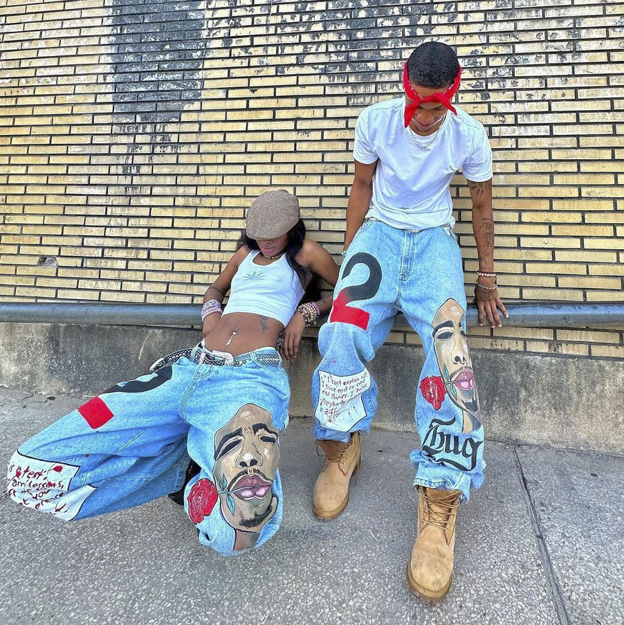 european and american street trend loose straight jeans summer female portrait print hip hop trousers female wide leg pants unique jeans style 731