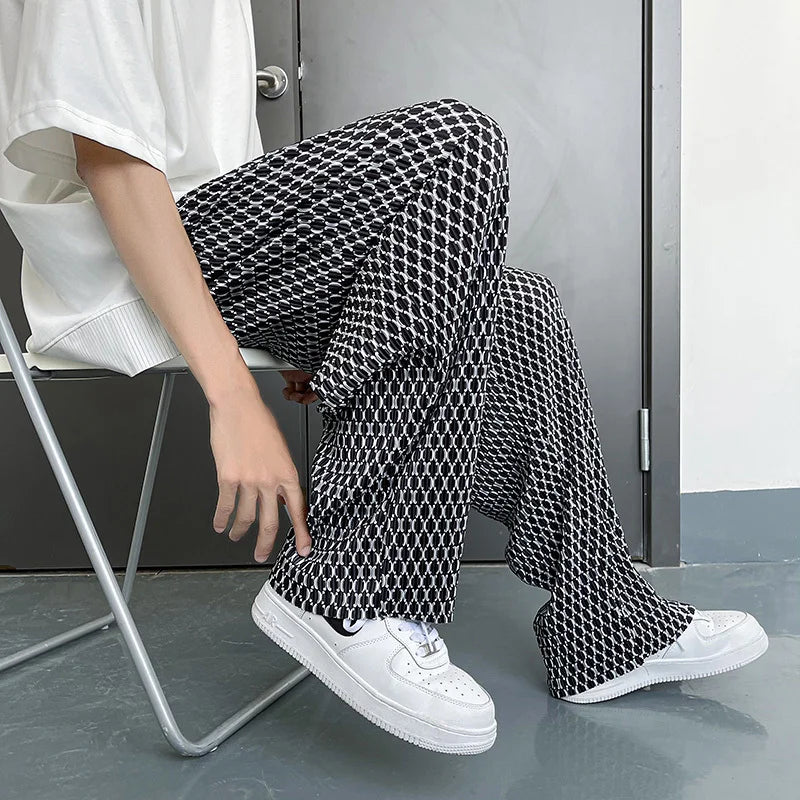 Summer Ice Silk Pants Men Oversized Retro Plaid Pants Men Japanese Streetwear Loose Wide Leg Pants Mens Pleated Trousers M-5XL Street King Limited