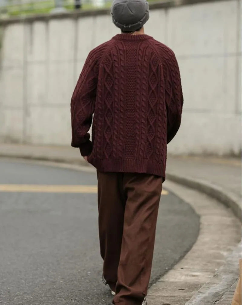 Thicken Japanese Retro Sweater Mens 2024 New College Couples Casual Warm Round Neck Pullover Red Simplicity Knitted Jacket Street King Limited
