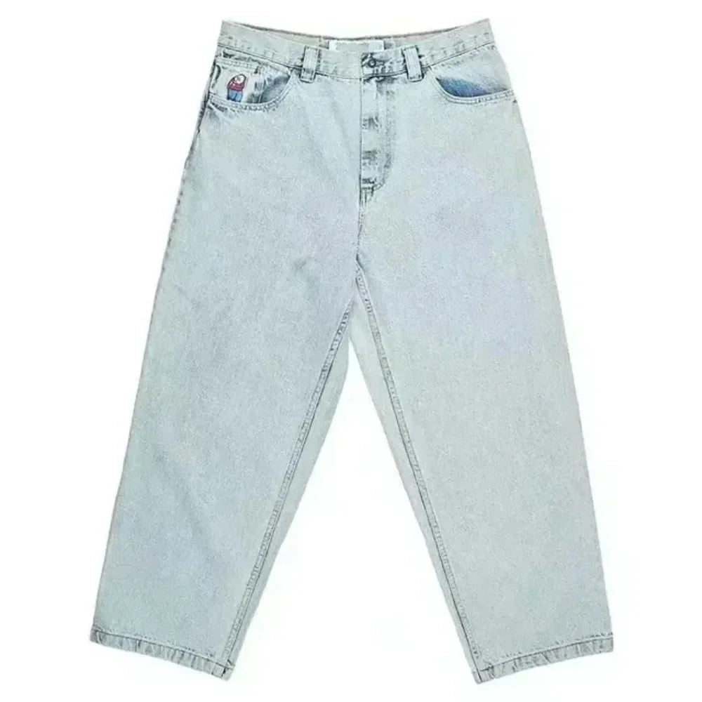 y2k cartoon embroidery retro blue baggy jeans hip hop gothic streetwear polar big boy jeans mens womens fashion wide leg trouser unique jeans style 4552