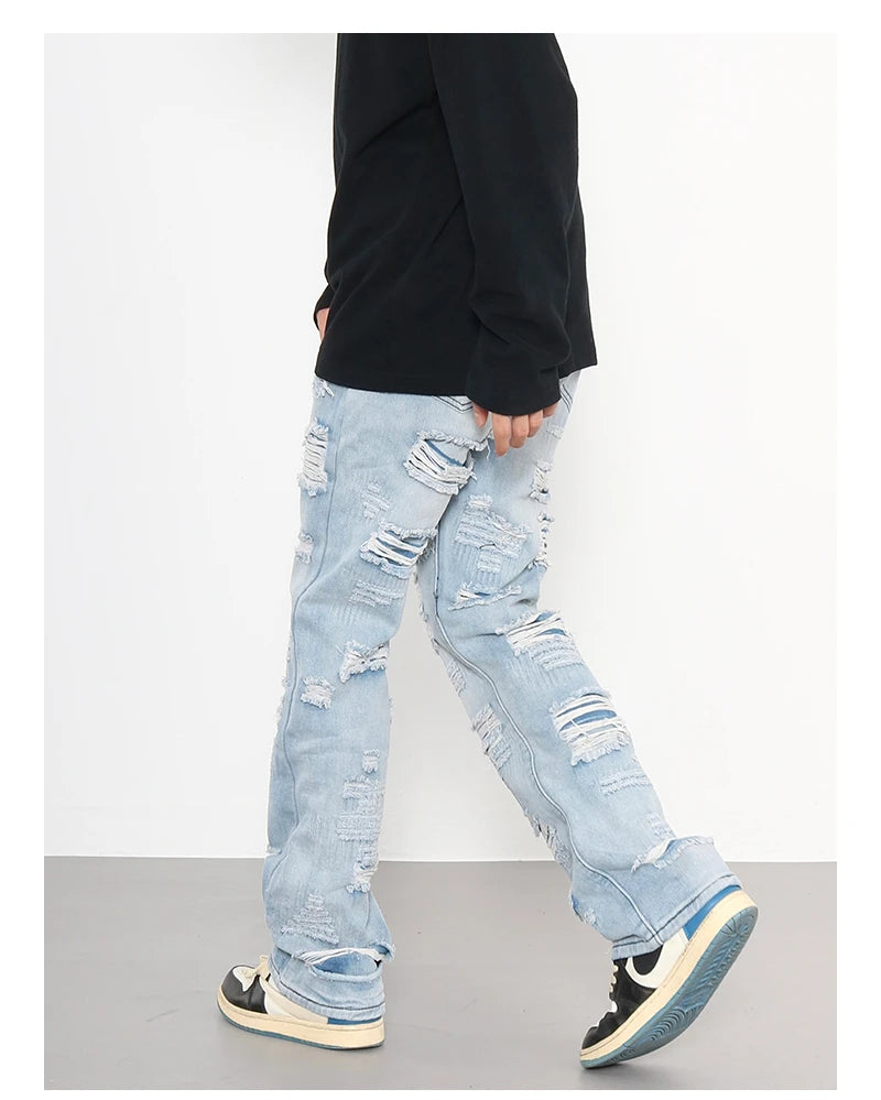 men distressed ripped destroied holes denim jean pants fashion zipper biker jeans streetwear flare pants joggers y2k men s jeans unique joggers style 2793