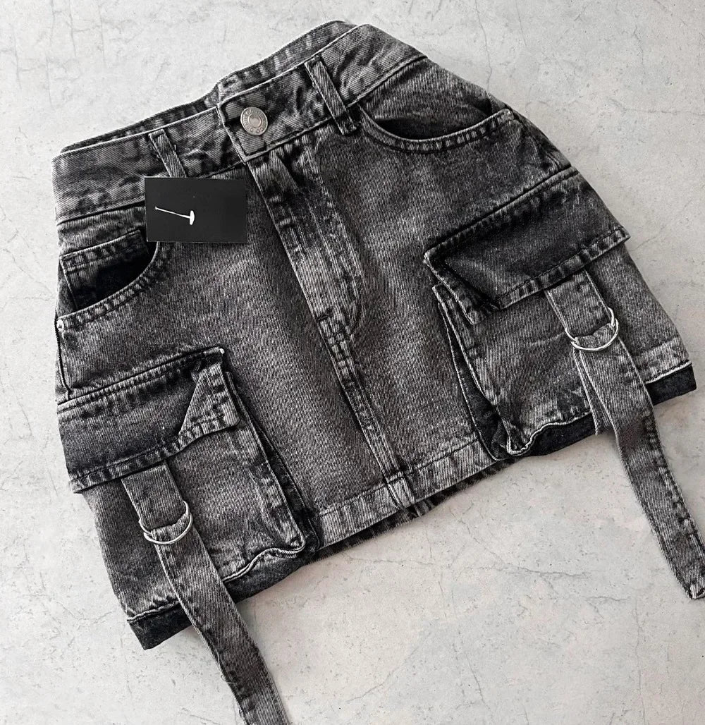 Vintage Y2K New Harajuku Multiple Pockets Denim Plaid Skirt Goth Black Mini Skir Fashion Womens Casual Versatile Sexy Streetwear Street King Limited