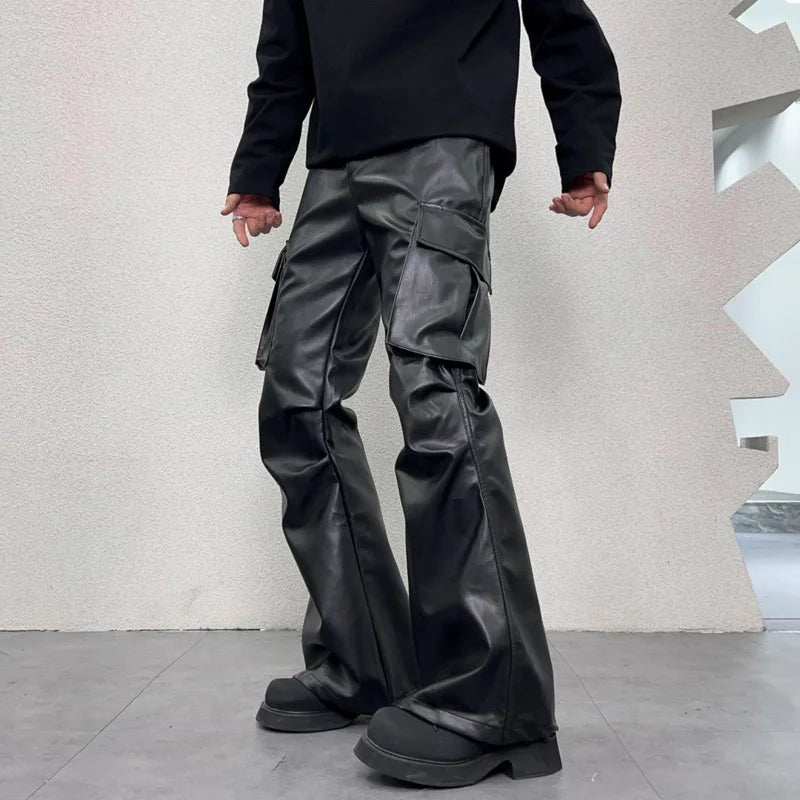 pu leather pants mens streetwear fashion hip hop vibe casual faux leather cargo flared pant men motorcycle trousers unique cargo style 2939