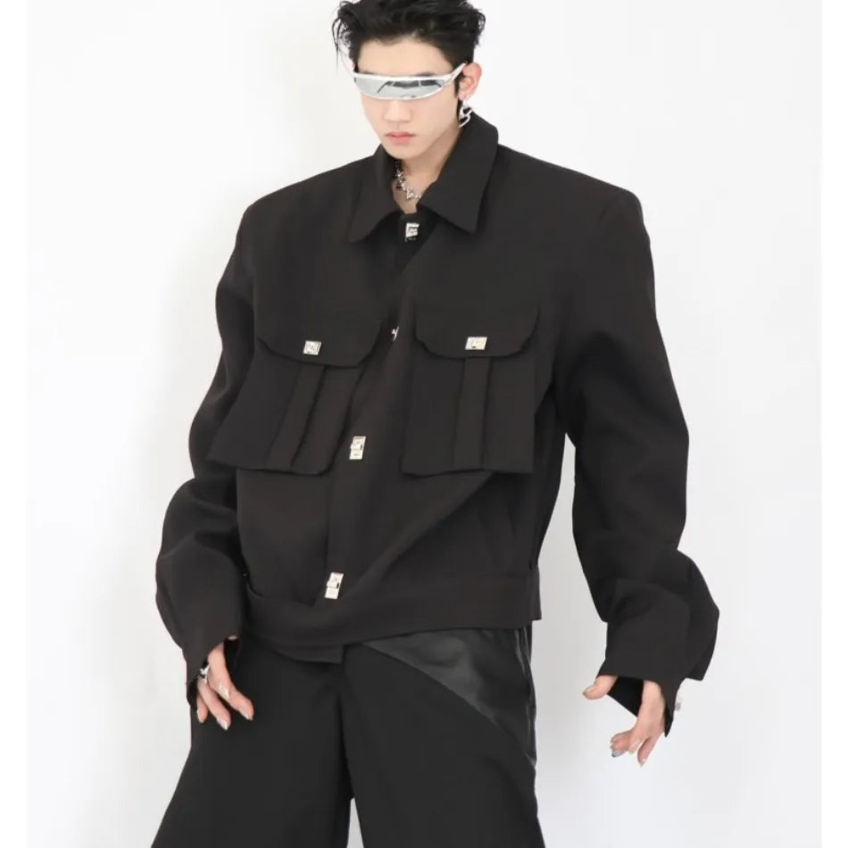 trendy high street jacket mens unisex metal button shoulder pad short coats multi pocket punk hip hop loose outwear oversized unique shorts style 3548