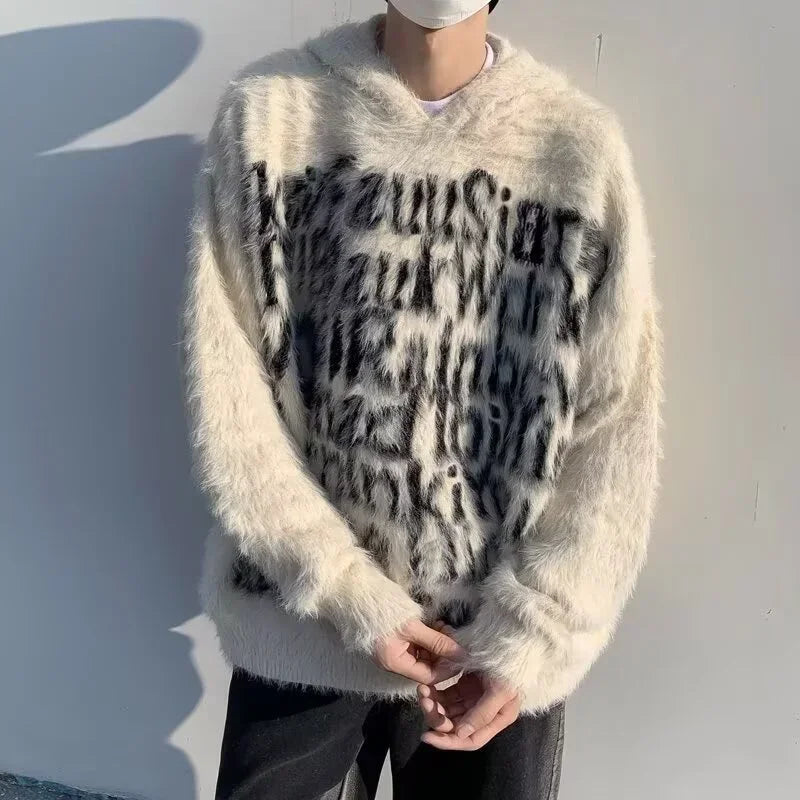 American Goth Fashion Hooded Sweater Mens Hip Hop Letter Jacquard Knit
