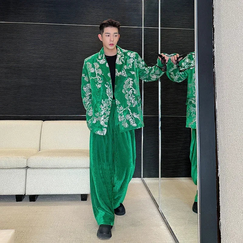 men sequin embroidery velvet loose casual 2 pieces suits blazers jacket pant sets stage party dress suits performance costumes relaxed fit trousers