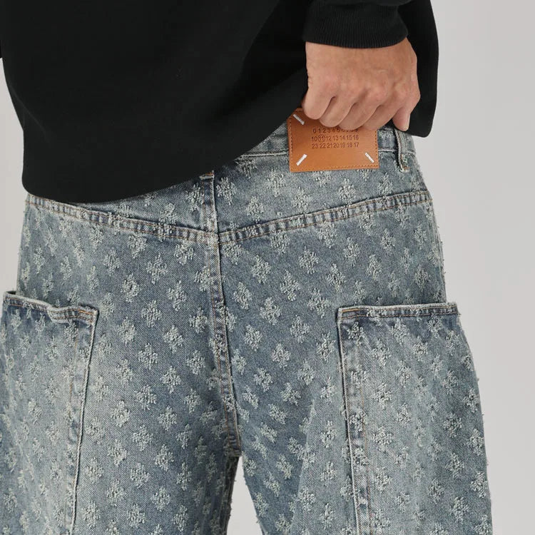 men brand fashion loose casual splice pocket jacquard vintage wide leg baggy jeans cityboy denim baggy jeans pants trousers unique jeans style 2856