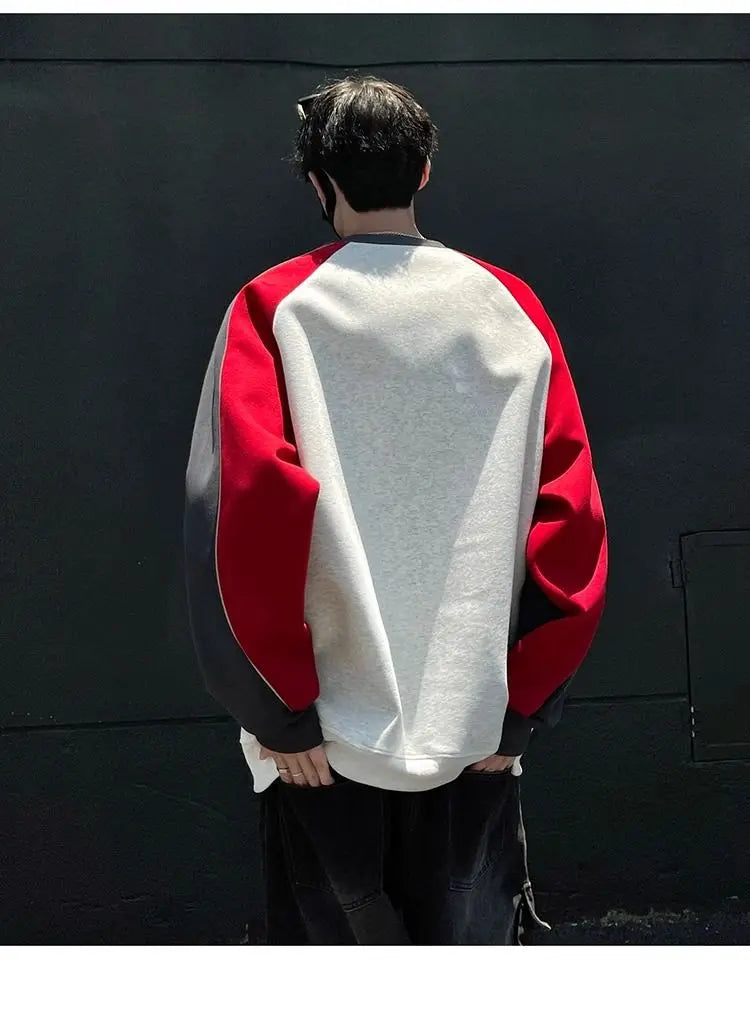 Trendy Personality Korean Motorcycle Style Round Neck Sweatshirt Men 2024 Spring Autumn Niche Contrasting Color Pullover Hot Top Street King Limited