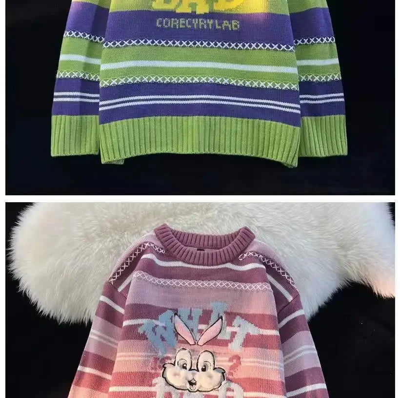 Sweet cool bunny striped knitted sweater for women in autumn and winter loose outer wear lazy style soft and waxy milk kawaii Street King Limited