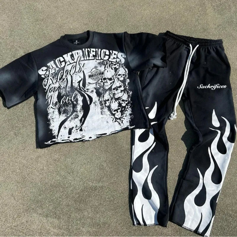 Y2k Women's Short Sleeved T-Shirt And Pants Set With Personalized Cartoon Anime Print Patterns Streetwear Vintage Punk Clothes Street King Limited