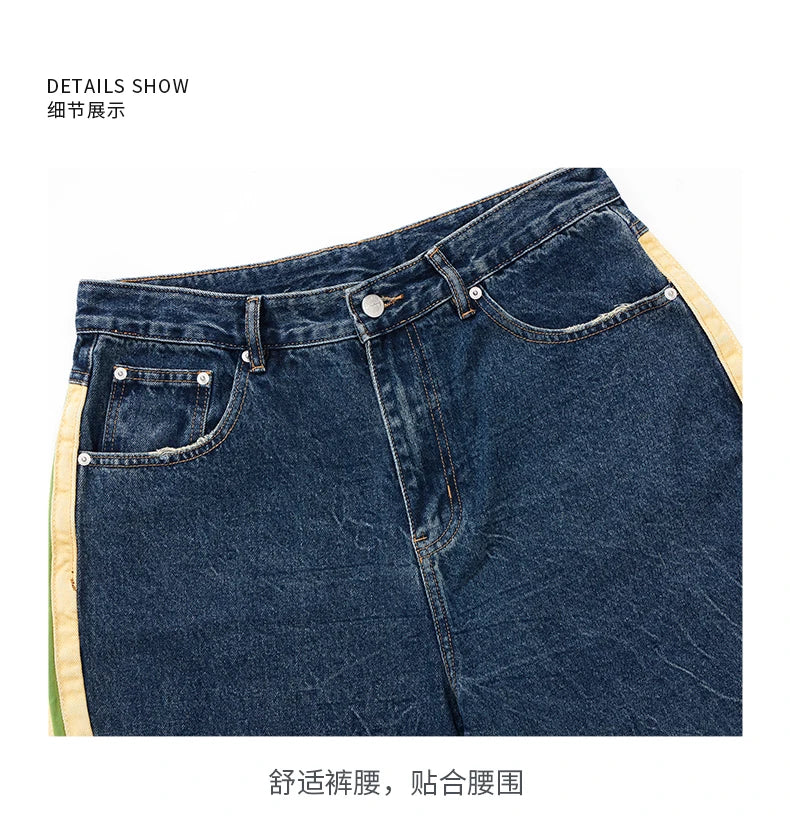men streetwear fashion side splice hip hop loose casual wide leg straight baggy jeans pant cityboy jeans pants trousers unique jeans style 2477