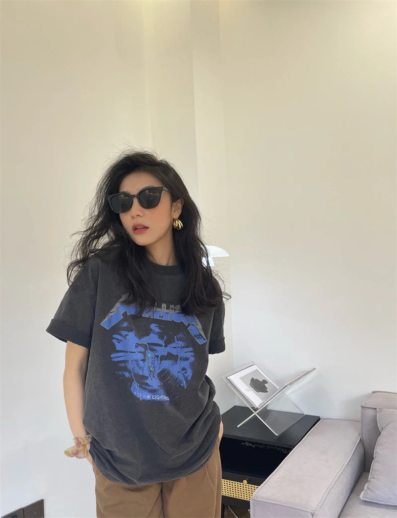 Summer Vintage High Street Wash Lightning Print T-shirt Vintage Heavy Metal Rock Band Short Sleeve Japanese Street Pure Cotton Street King Limited
