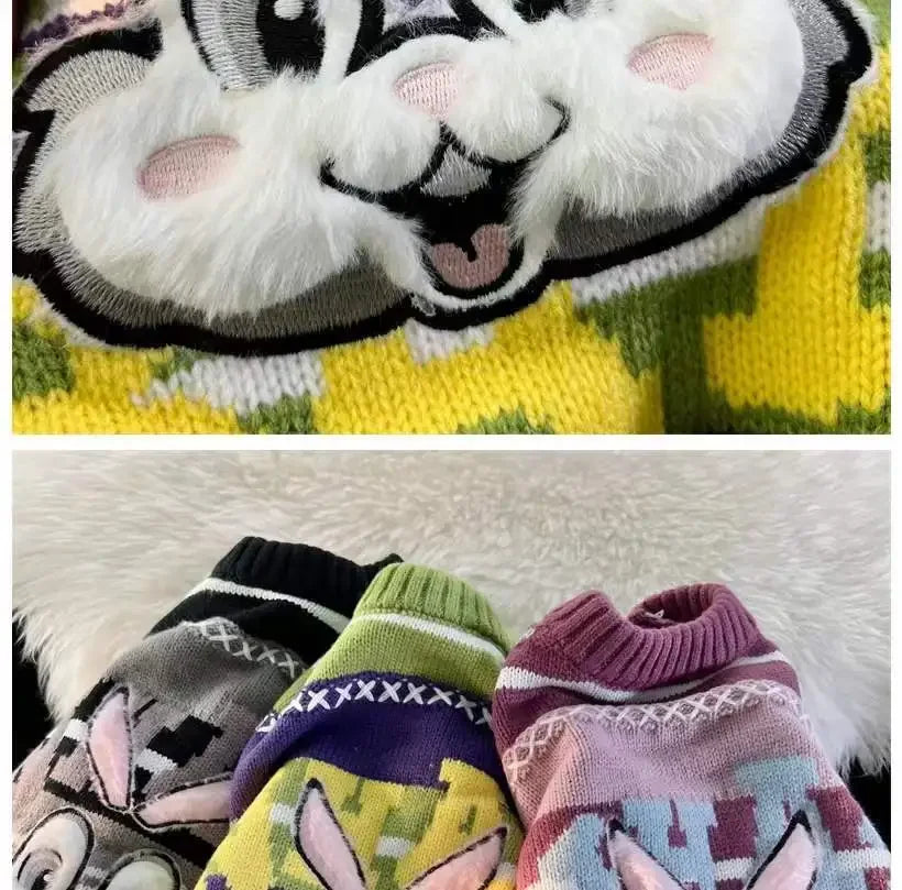Sweet cool bunny striped knitted sweater for women in autumn and winter loose outer wear lazy style soft and waxy milk kawaii Street King Limited