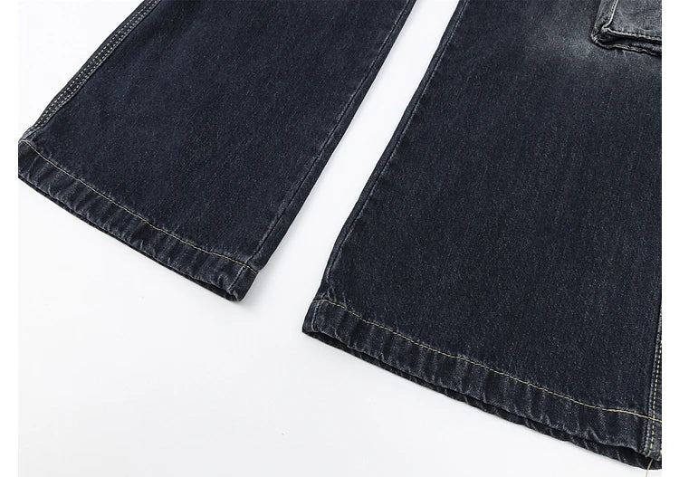 fashion punk rings streetwear loose pants unisex casual multiple pockets wide legs jean pants hip hop joggers men baggy jeans unique joggers style 499