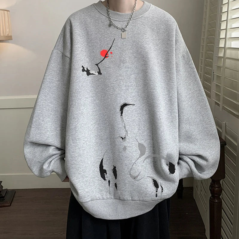 Ink Painting Cartoon Crane Printed Pullover Hoodies For Men 2024 New Hip Hop Fashion Crewneck Hoody Y2K Streetwear Sweatshirts Street King Limited