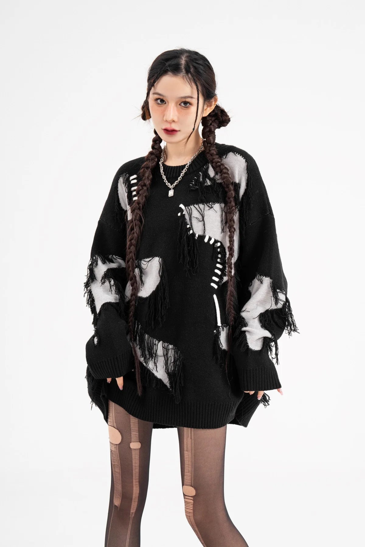 Mens Knitted Sweater Fashion Tassel Irregular Block Pullovers Casual O-neck Unisex Harajuku Y2k Streetwear Loose Knit Jumpers Street King Limited