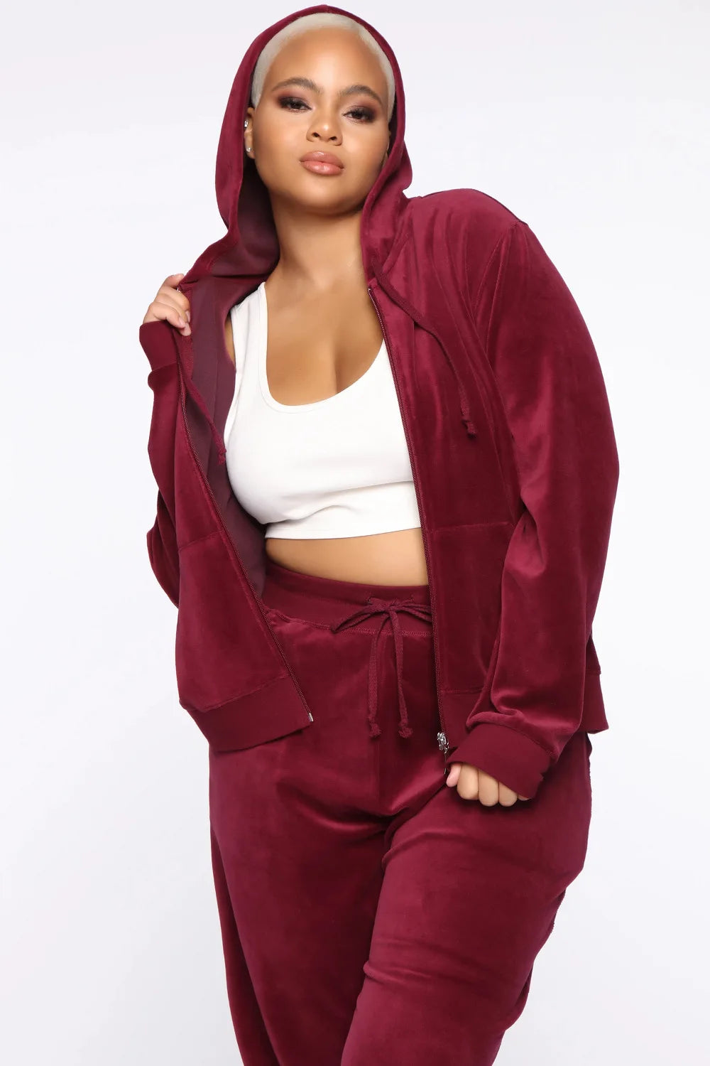 Women's Velvet Hooded Zipper Sweater Elastic Waist Trousers Two-piece Set Fashion Personality Trend Clothing Two-piece Slim Suit Street King Limited