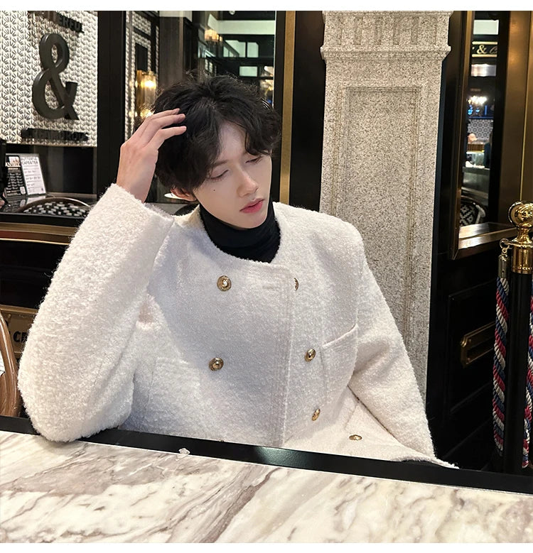 men french fashion retro double breasted woolen loose casual short jacket man autumn winter korean streetwear thicken coat top unique shorts style 1436