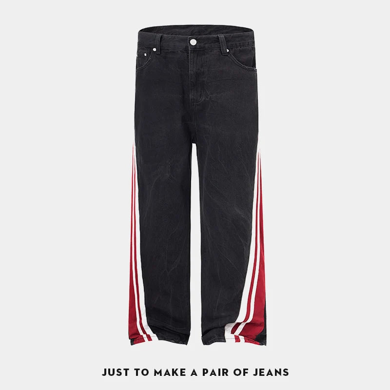men streetwear fashion side splice hip hop loose casual wide leg straight baggy jeans pant cityboy jeans pants trousers unique jeans style 2512