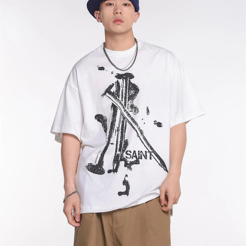 Summer New SAINT T-shirt Chaopai 3D Steel Nails Direct Spray Printing Cotton Loose Casual Men Woman Top Tees Street King Limited