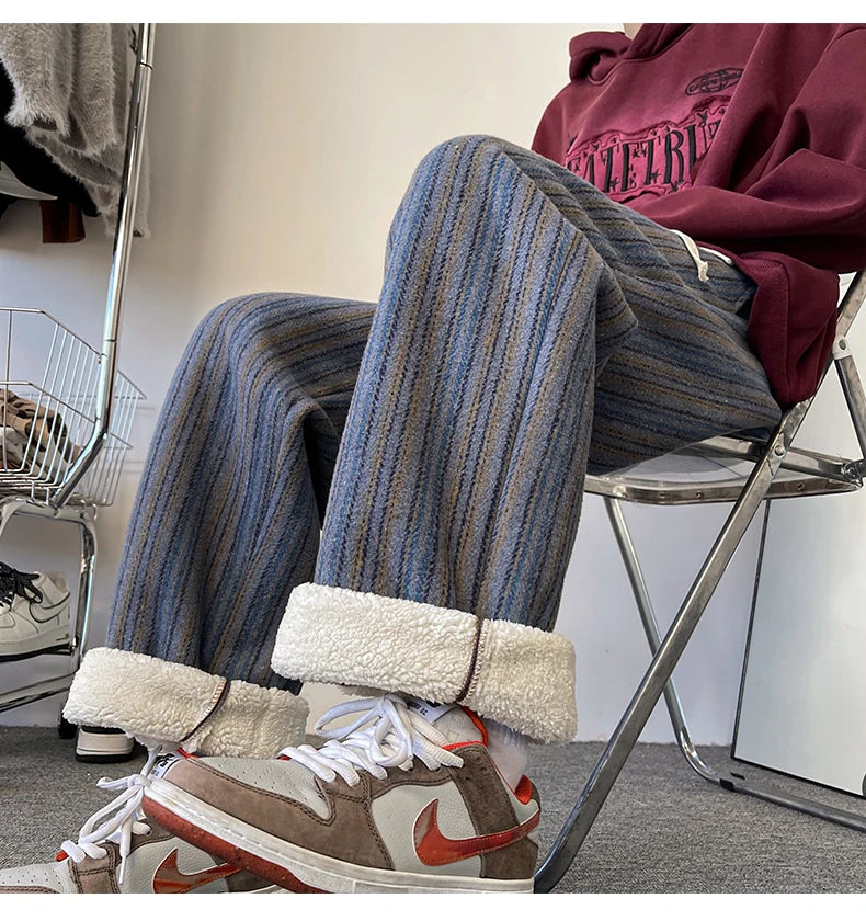 high quality stripe plaid mens trousers baggy straight fashion classic padded autumn winter casual pants male plus size m 8xl unique default style 1161
