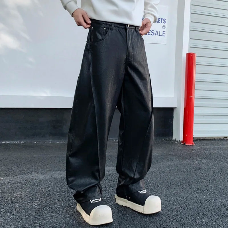 men streetwear fashion hip hop loose casual straight leather motorcycle pant man y2k trousers pants stage clothing urban fashion pants
