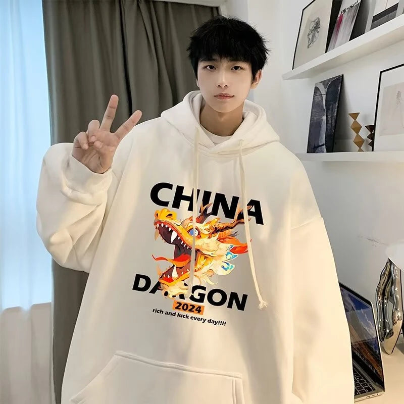 2024 New China Dragon Graphic Hoodies Men Hip Hop Streetwear Hoodie Sweatshirt Harajuku Fleece Printed Pullover Hoody Clothes Street King Limited
