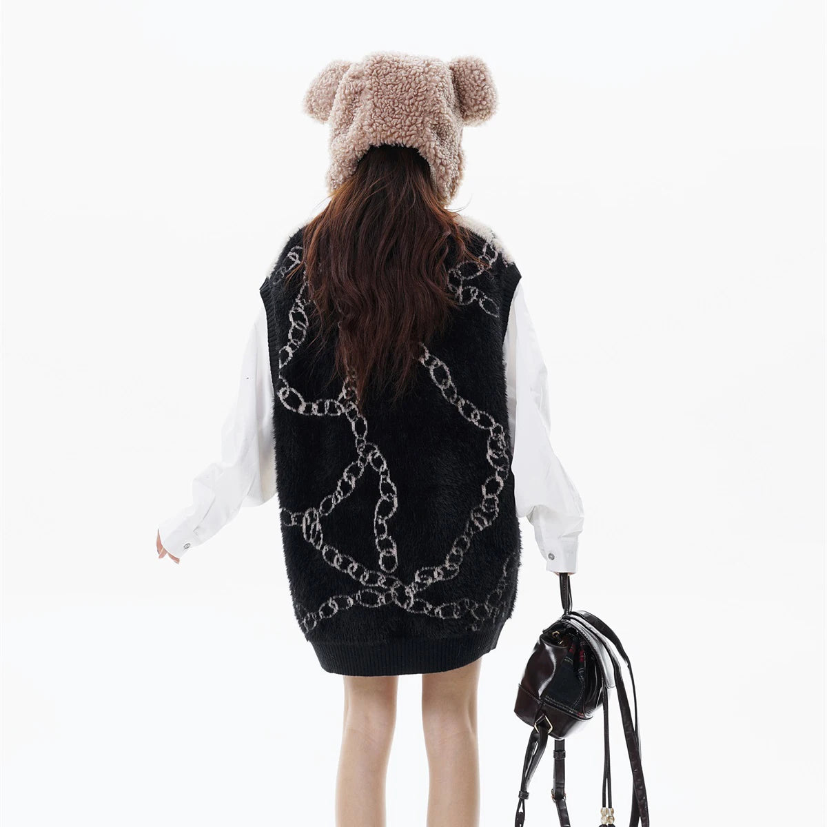 High Street Harajuku Imitation Mink Hair Knitted Vest Chain Color Block V-neck Pullover Sweater Vest Oversized Knitwear Trendy Street King Limited